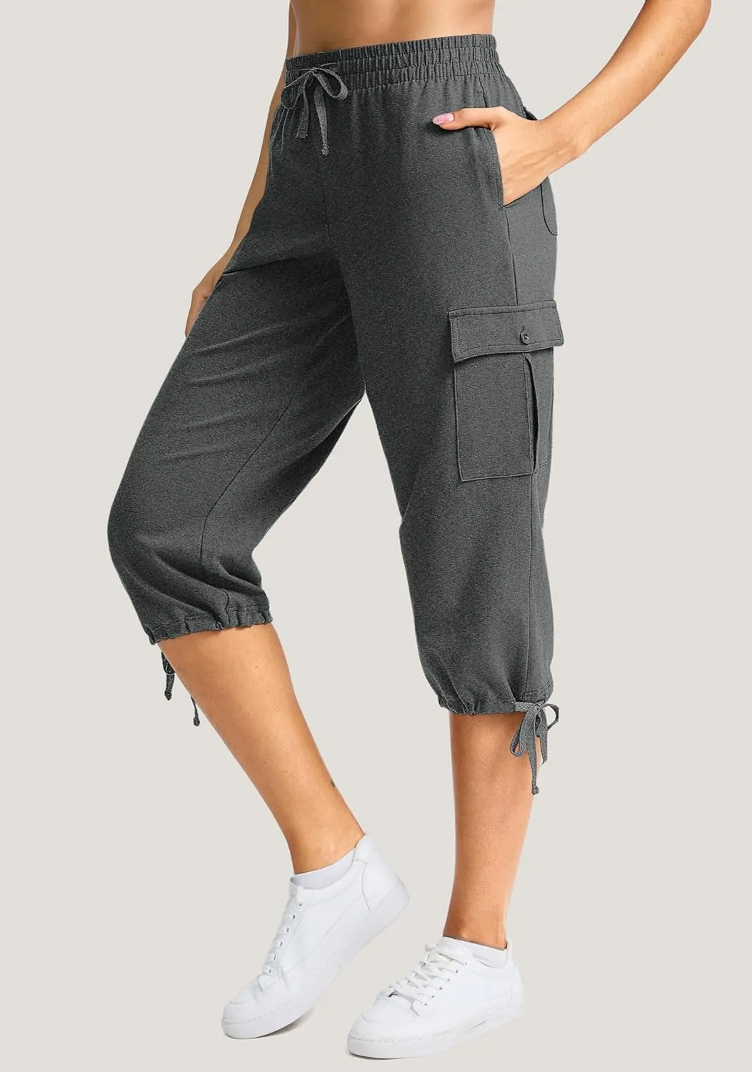 SANTINY Womens Cotton Cargo Capris Soft Stretch Drawstring Travel Casual Capri Pants for Women with 6 Pockets