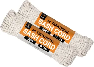 Sash Cord - Cotton and Nylon Rope - 1/4 Inch x 100 Ft - White Cotton with Nylon Core - Window Sash, Clothesline, Low Stretch Cordage - Synthetic Line with Cord Cover 2 Pack