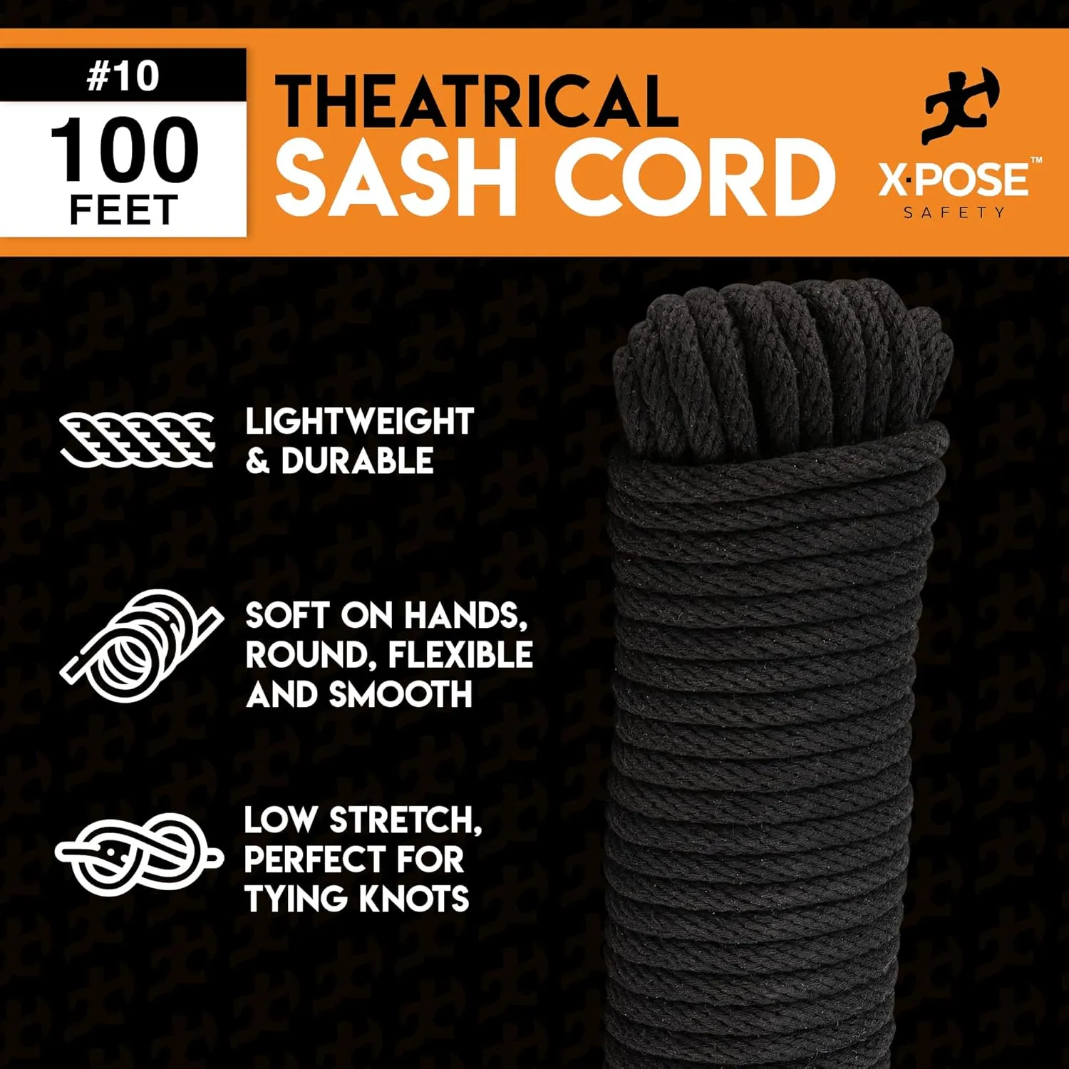 Sash Cord - Cotton and Nylon Rope - 5/16 Inch x 100 Ft - Black Cotton Rope with Nylon Core - Window Sash, Clothesline, Low Stretch Cordage - Synthetic Line with Cord Cover