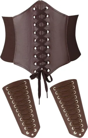 SATINIOR 3 Pieces Women Renaissance Corset Belts with Leather Gauntlets Stretch Elastic Belt for Halloween Women Costume