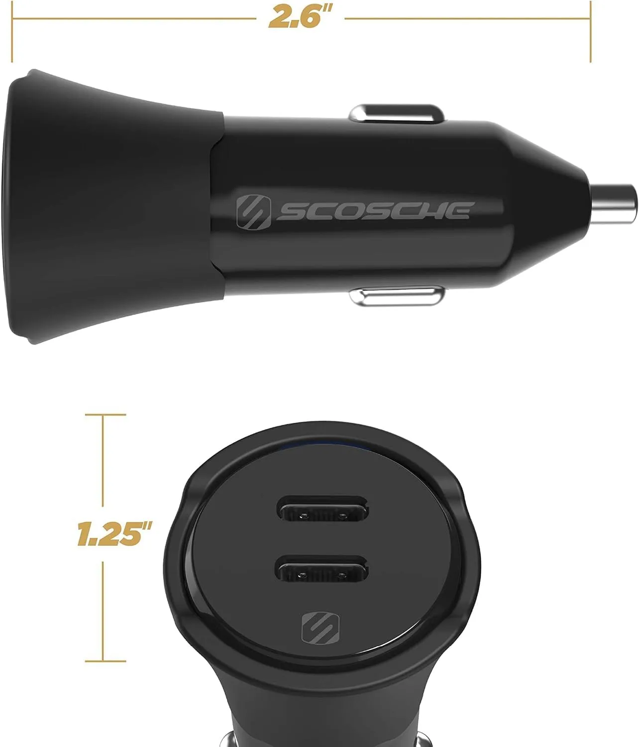 Scosche CPDCC40 PowerVolt 40-Watt Certified USB Type-C Fast Car Charger Power Delivery 3.0 for Standard USB-C Devices, Dual USB-C Charger