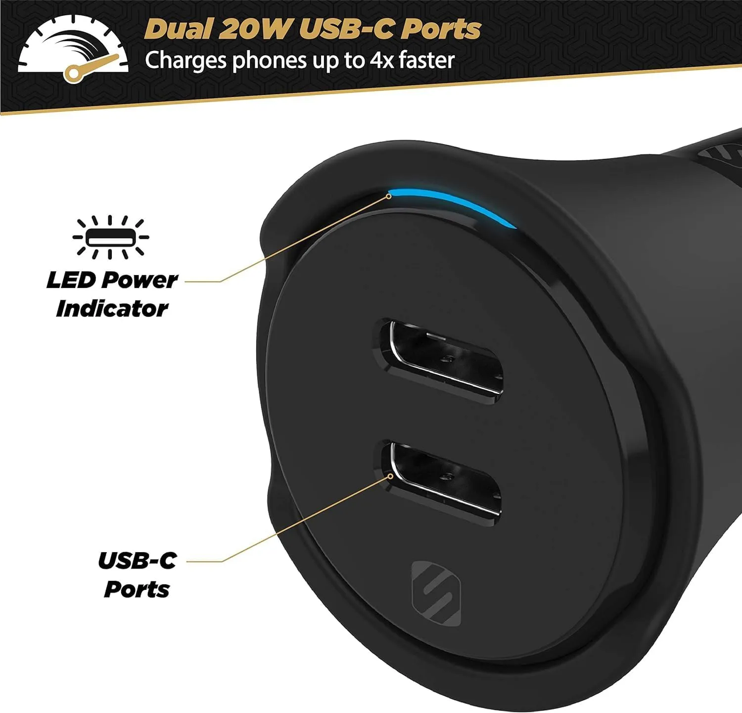 Scosche CPDCC40 PowerVolt 40-Watt Certified USB Type-C Fast Car Charger Power Delivery 3.0 for Standard USB-C Devices, Dual USB-C Charger