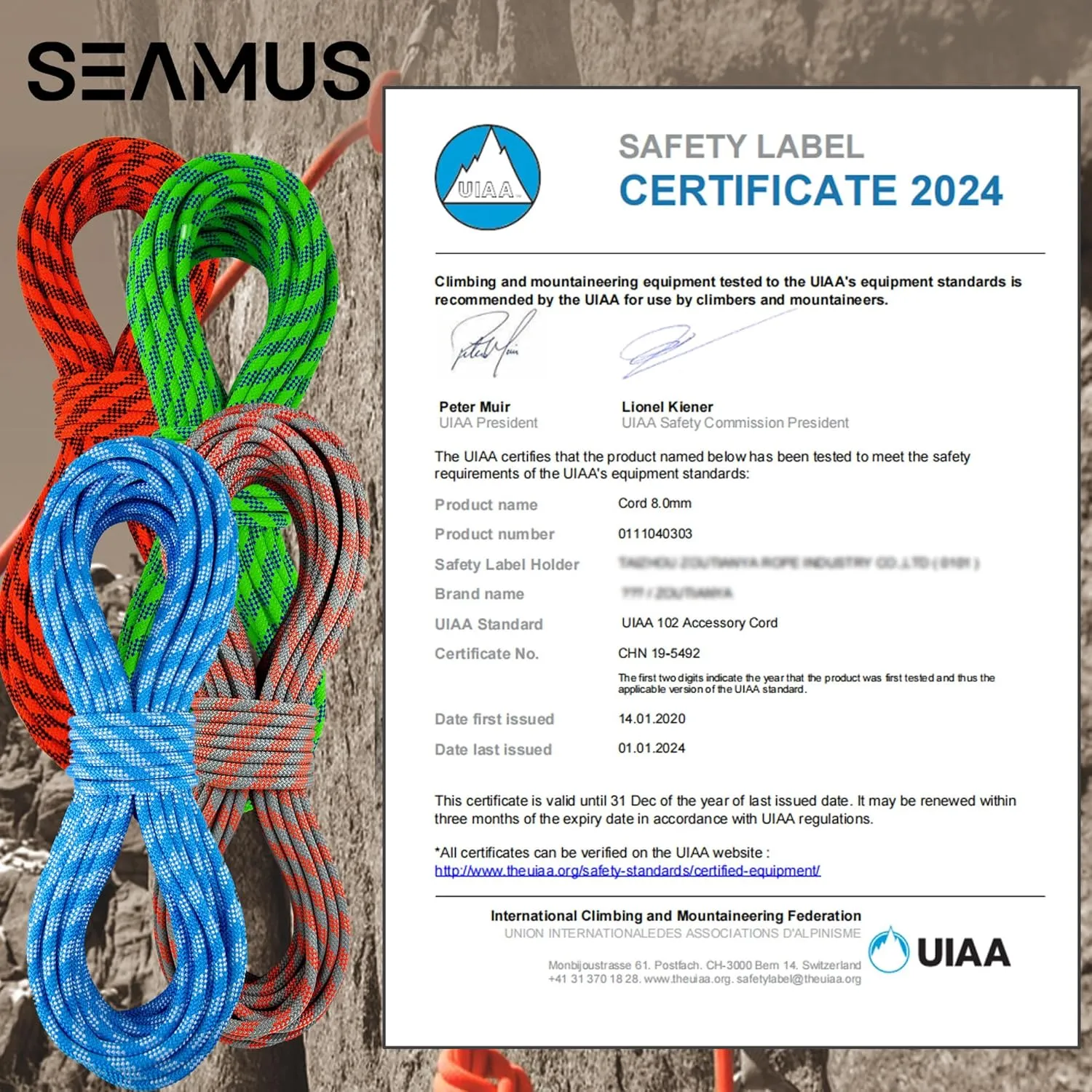 SEAMUS 8mm Prusik Accessory Cord 30M (100ft) UIAA Rock Climbing Rope 16Kn High Tensile Strength Rock Climbing Accessories Cord Double Braid Nylon Cord for Mountain Tree Climbing,Fire Rescue