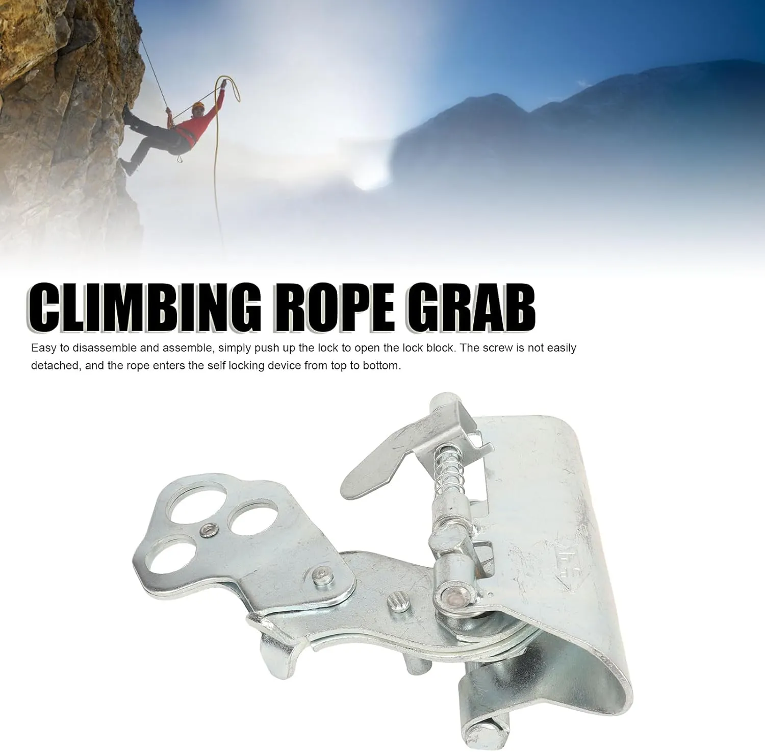 Self Locking Rope Grab, Galvanized Steel Fall Protection Rope Grip Clamp Climbing Ascender Fall Protection Belay Device for Outdoor Climbing Rescue (16-20mm)