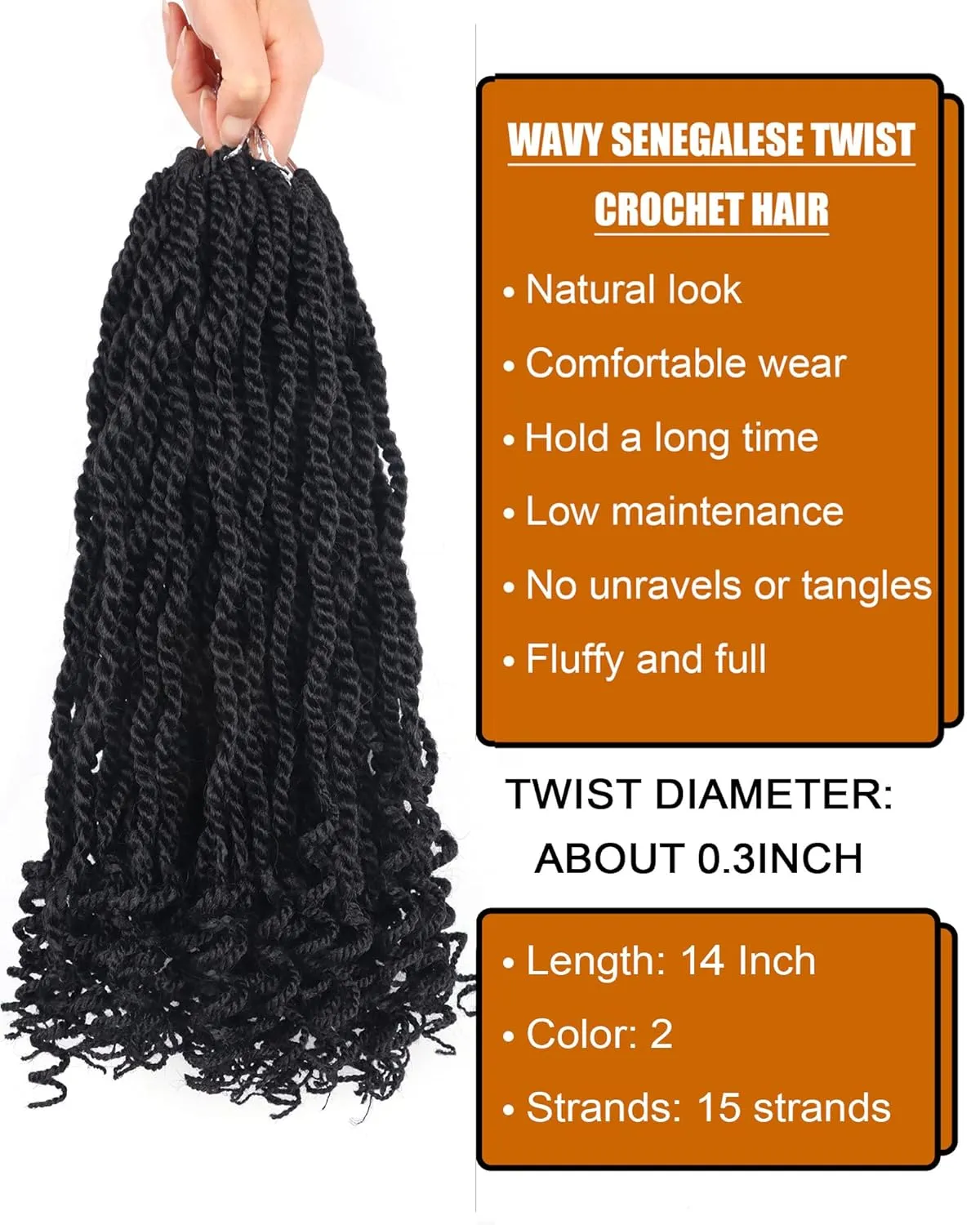 Senegalese Twist Crochet Hair for Black Women Color 2 14 Inch 8 Packs Pre Looped Kinky Twists Crochet Braids with Curly Ends Short 2 Strand Rope Twists (14 Inch,2)