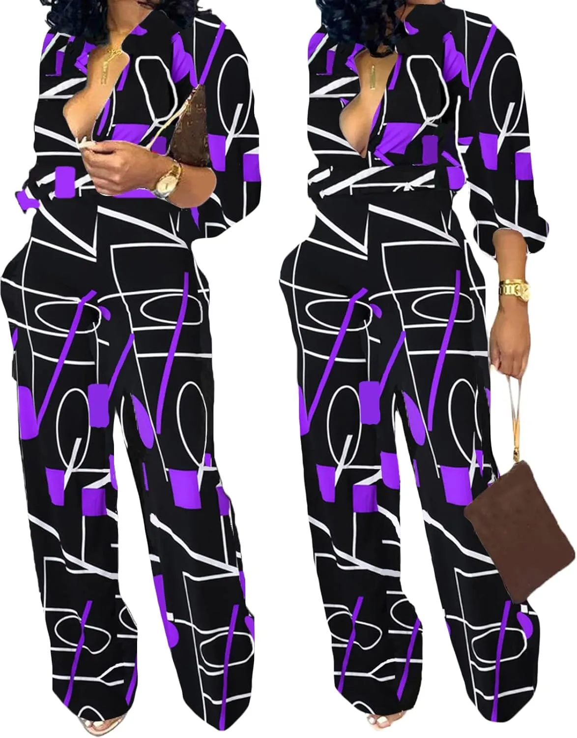 SeNight Women's Jumpsuits Elegant Business Casual Button Down V Neck Long Sleeve Strap Straight Long Pants With Pockets
