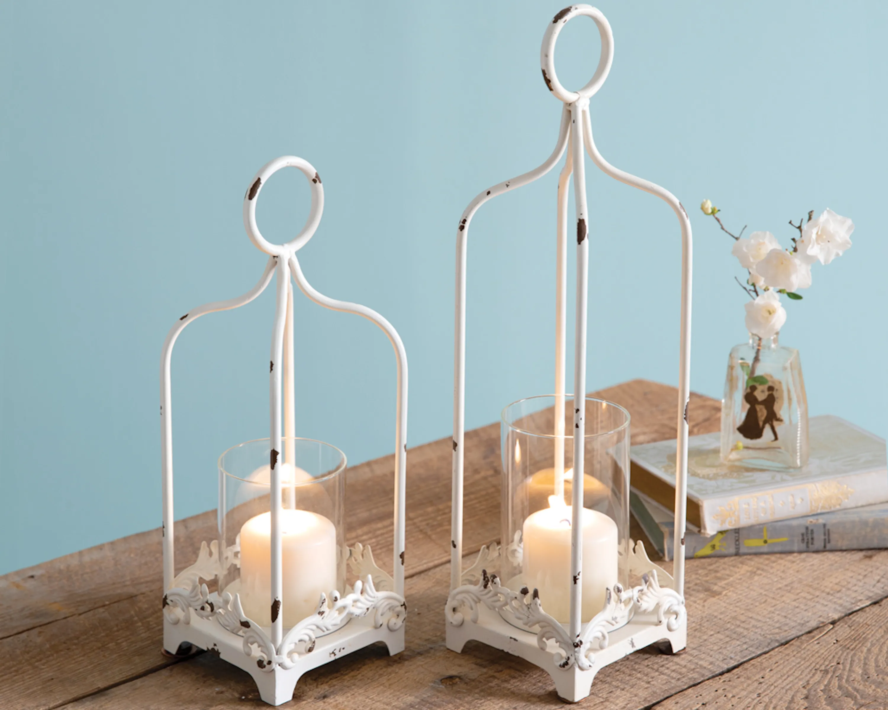 Shabby ornate white distressed candle lantern
