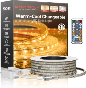 Shine Decor LED Strip Light Connectable, CCT 2800-6000K Warm-Cool Changing Tone for Room, 50FT 120V Plug-in Outdoor Rope Lighting Cold Resistant Waterproof ETL Listed, Remote Timer Available