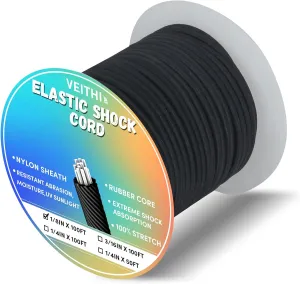 Shock Cord 1/8 inch,Black Nylon Elastic Rope,Bungee Rope,Bungee Cord Roll 100 ft-Bungee Shock Cord for Camping, Kayak,Decks for Repairing Tent Poles, DIY, Tie Downs