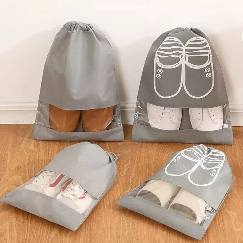 Shoe Storage Bag Dust-proof Waterproof Transparent Non Woven Fabric Shoe Tote Drawstring Packaging Organizer For Travel