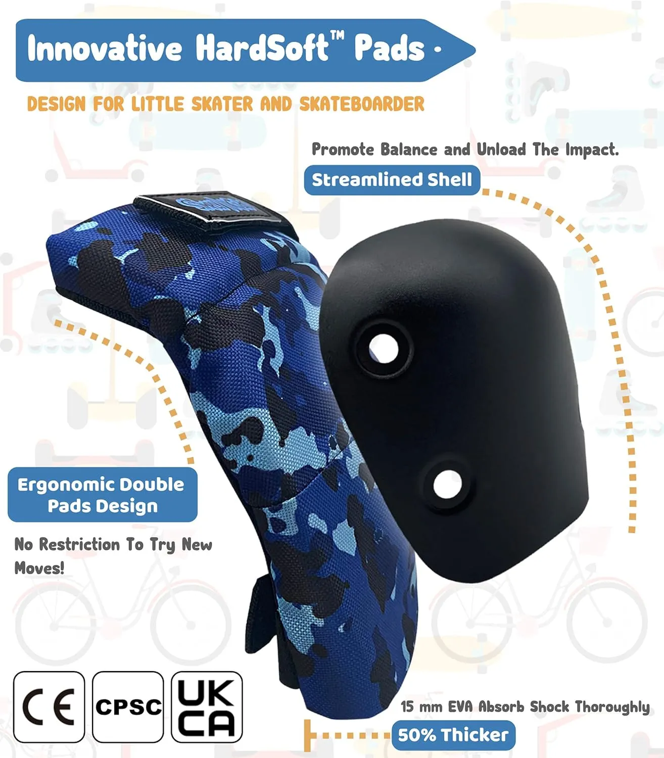 Simply Kids Knee and Elbow Pads with Wrist Guards, HardSoft Pad Tech. - CPSIA Certified Protective Gear Set - Inline Roller Skate Skateboard Bike Knee Pads for Kids Child Girls Boys Toddler Youth
