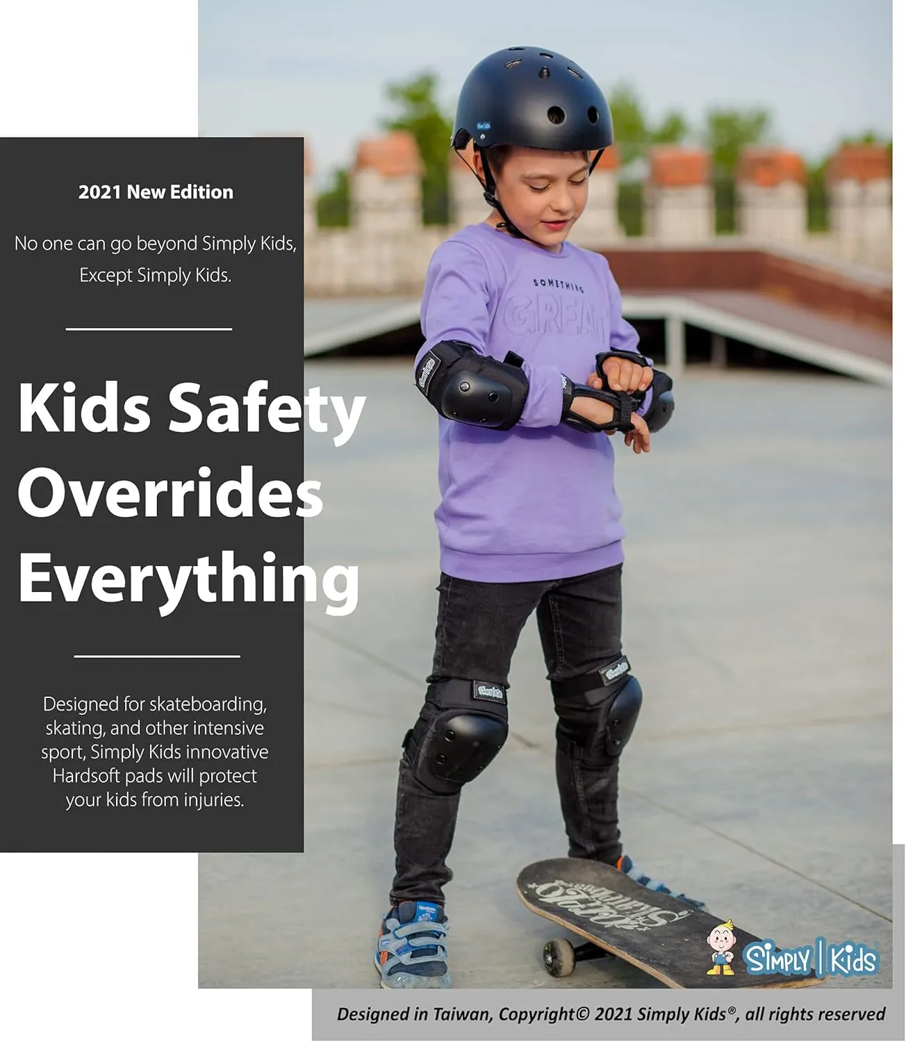 Simply Kids Knee and Elbow Pads with Wrist Guards, HardSoft Pad Tech. - CPSIA Certified Protective Gear Set - Inline Roller Skate Skateboard Bike Knee Pads for Kids Child Girls Boys Toddler Youth