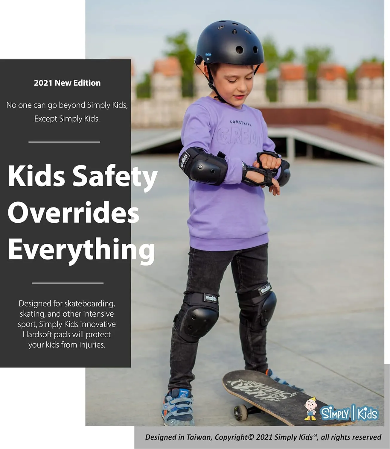 Simply Kids Knee and Elbow Pads with Wrist Guards, HardSoft Pad Tech. - CPSIA Certified Protective Gear Set - Inline Roller Skate Skateboard Bike Knee Pads for Kids Child Girls Boys Toddler Youth