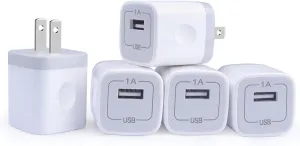 Single Port USB Wall Charger, GiGreen 1A/5V Power Adapter 5 Pack Charging Block Cube Plug Box Compatible Phone X/8/7/Xs/XR/6s/5/SE, Samsung S9/S8/S7/S6 Edge, Note 8, LG G5 V30, Moto, Pixel, Nexus, HTC