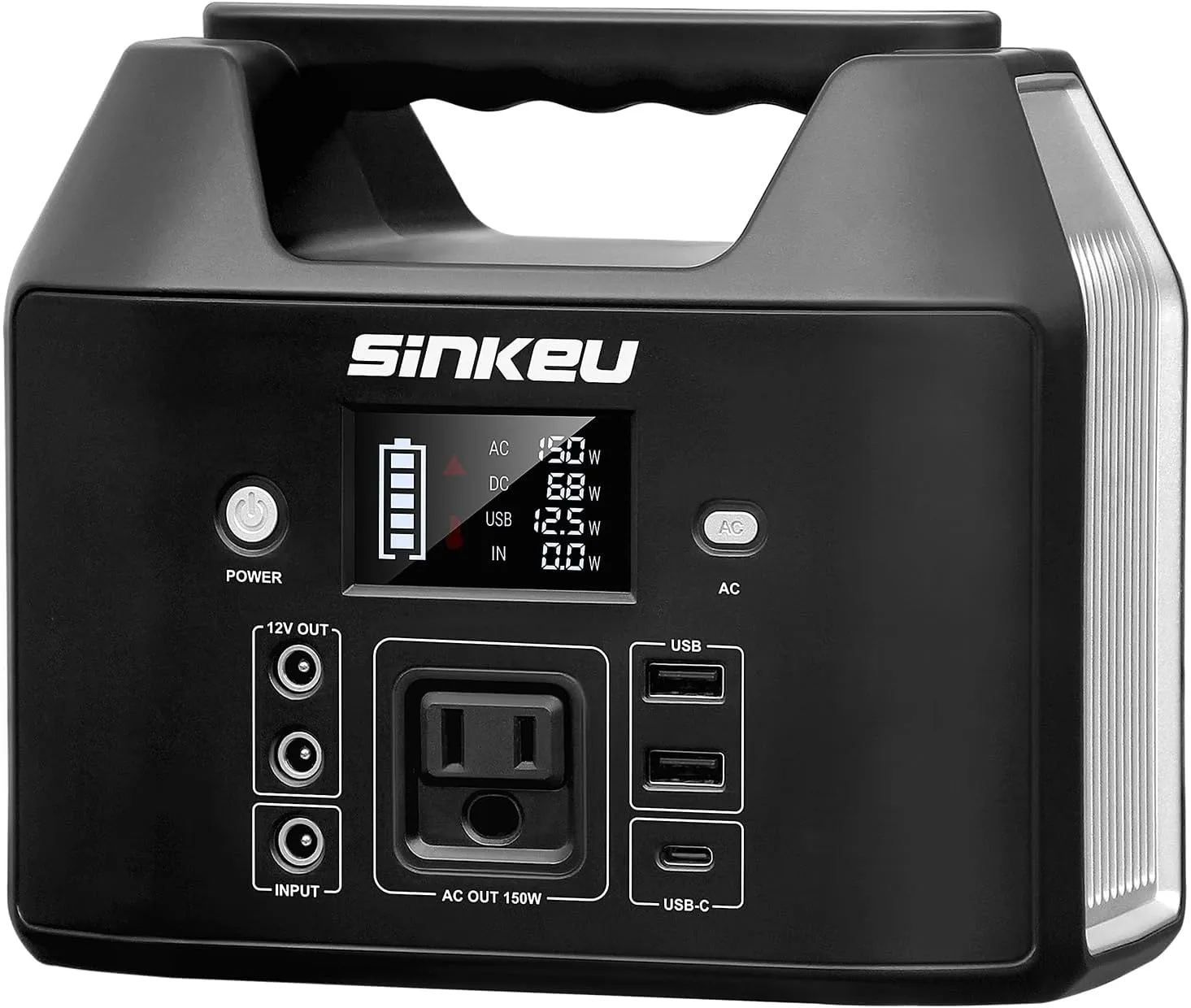SinKeu Power Bank Station (38,400mAh), 128Wh Portable Power Station, LiFePO4 Battery, 200W Peak Solar Generator, for Outdoor Camping, Traveling, and Emergencies-Silver