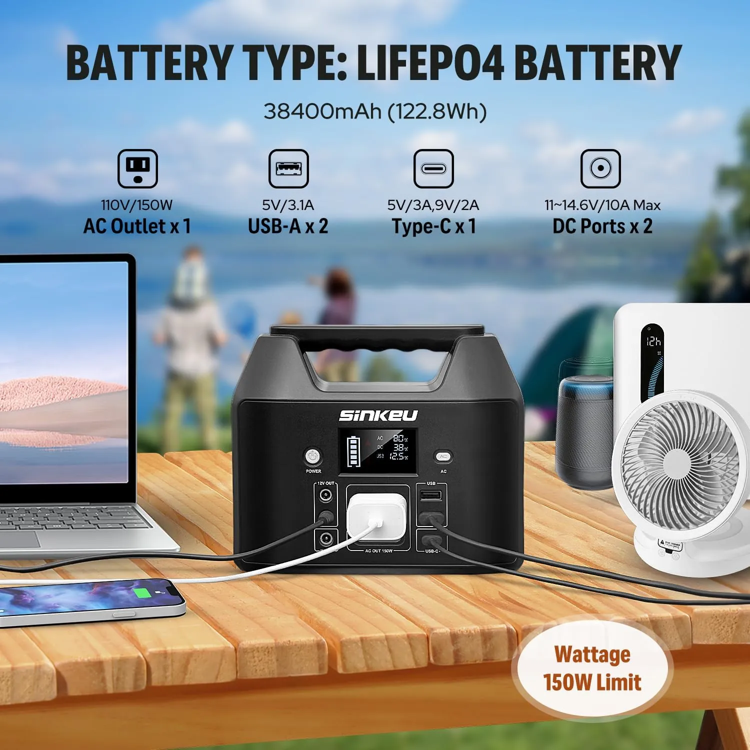 SinKeu Power Bank Station (38,400mAh), 128Wh Portable Power Station, LiFePO4 Battery, 200W Peak Solar Generator, for Outdoor Camping, Traveling, and Emergencies-Silver