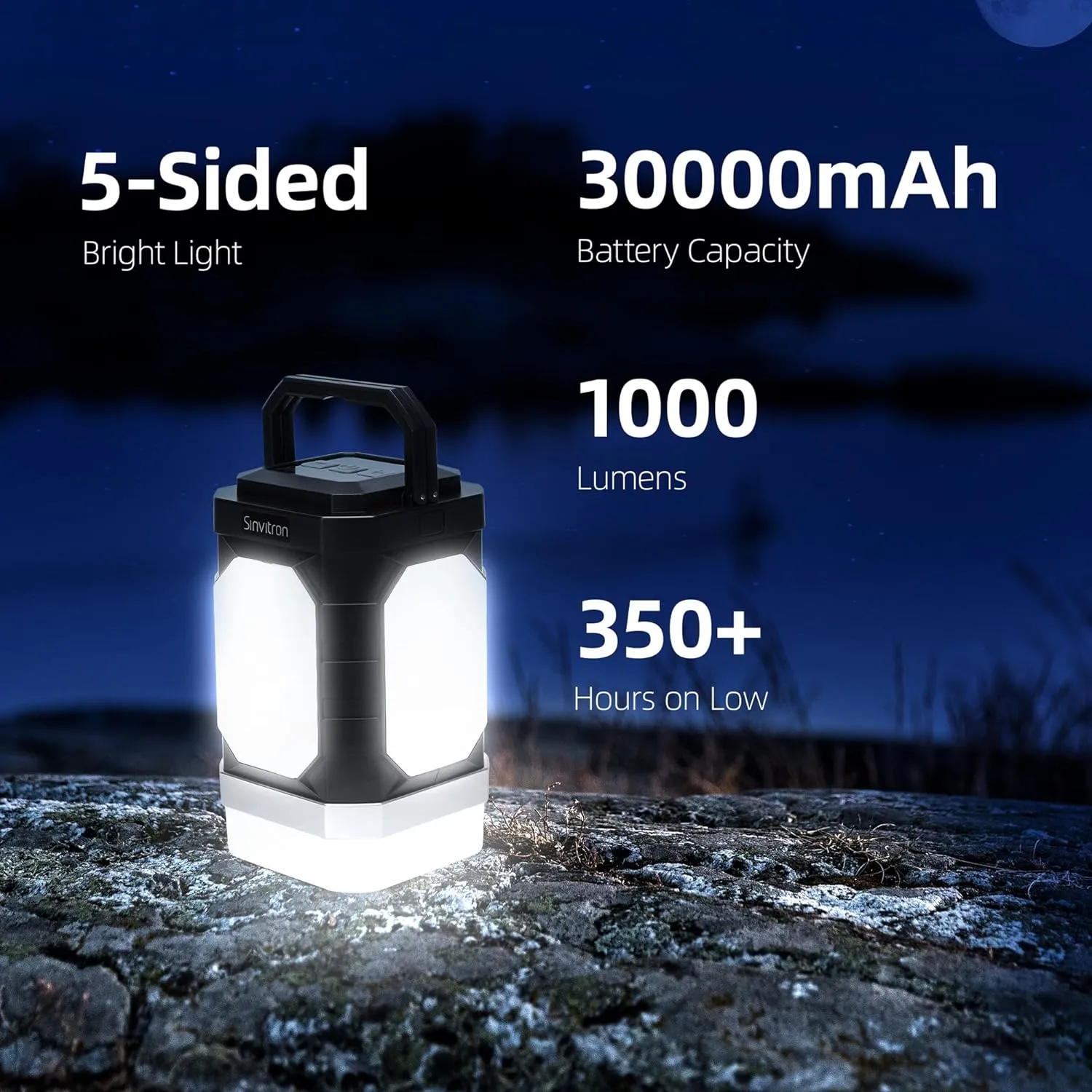 Sinvitron LED Camping Lantern Rechargeable – 30,000mAh Portable Camping Lights, QC3.0 Fast Charging, 1000 Lumens, 350H Runtime, IPX5 Waterproof Emergency Light for Hurricanes, Power Outages, Camping