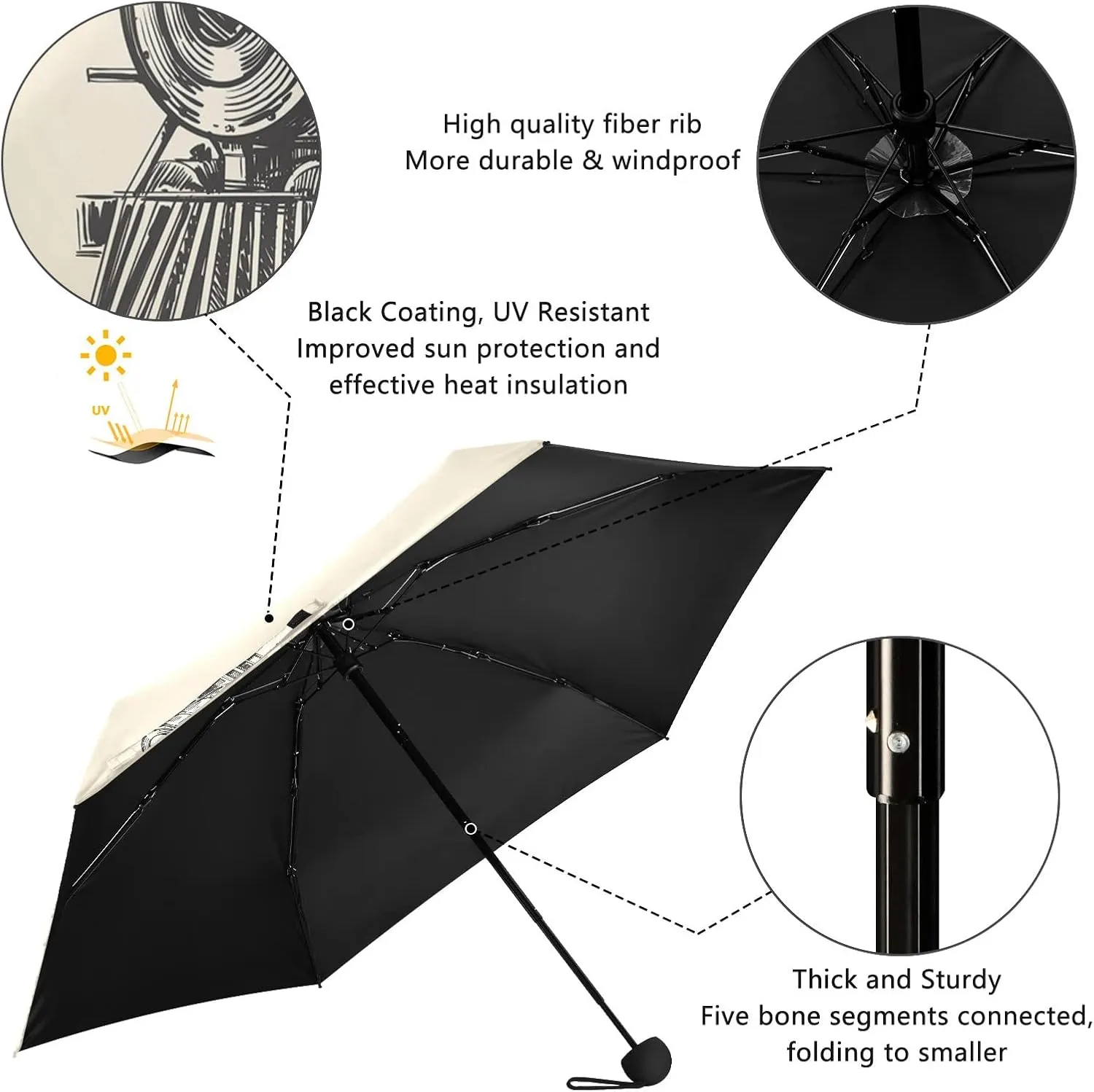Small Mini Anti-UV Compact Travel Umbrella, 5 Folding Ultra-Light Umbrella, 6 Ribs Pocket Windproof Foldable Vinyl Parasol