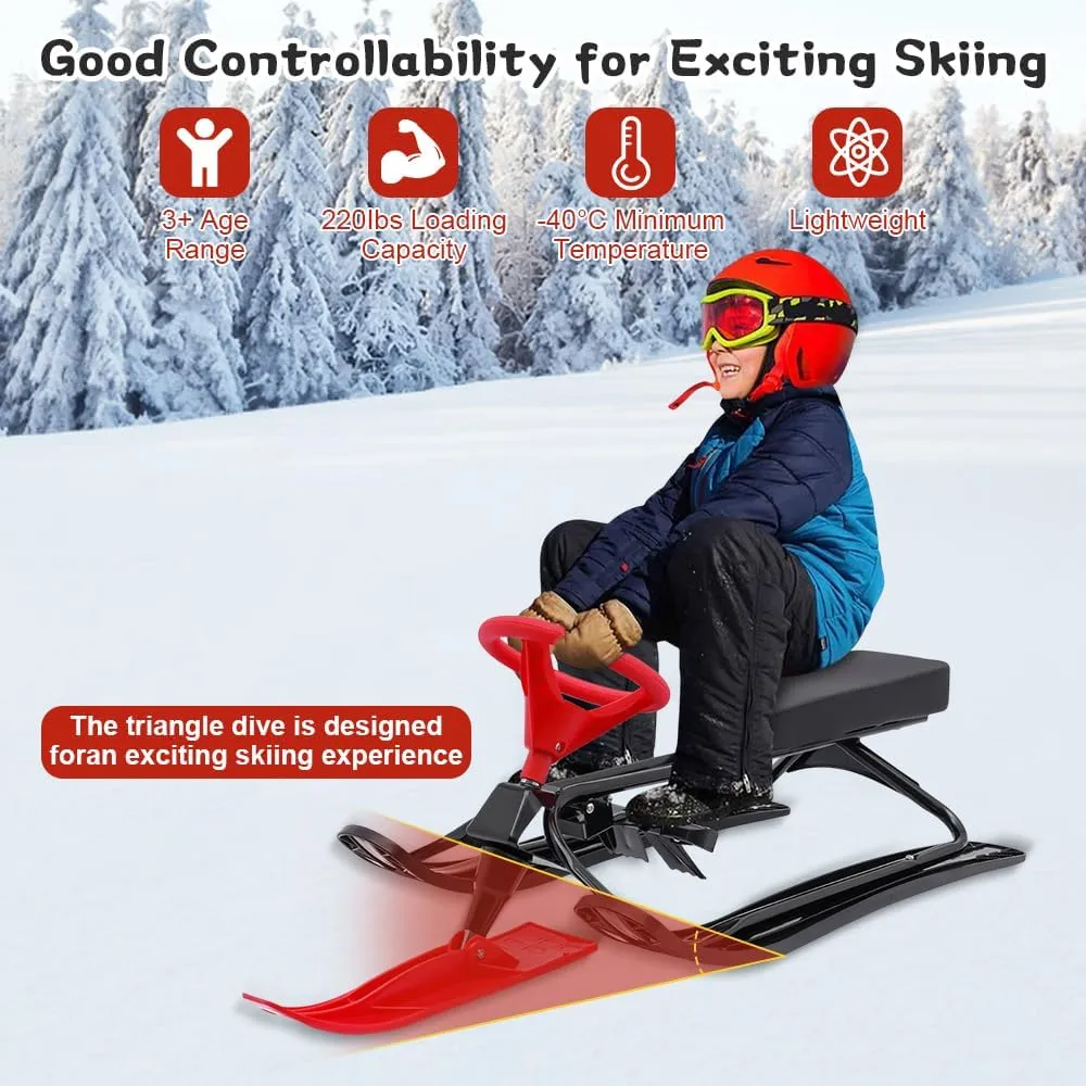 Snowmobile Sled Ski Skis with Steering Wheel Dual Brakes Snowmobile Racer for Two Children Or One Teenager