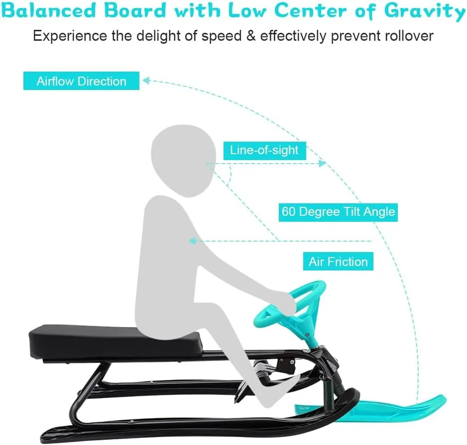 Snowmobile Sled Ski Skis with Steering Wheel Dual Brakes Snowmobile Racer for Two Children Or One Teenager