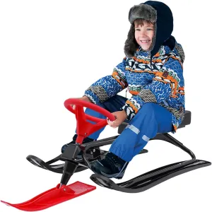 Snowmobile Sled Ski Skis with Steering Wheel Dual Brakes Snowmobile Racer for Two Children Or One Teenager