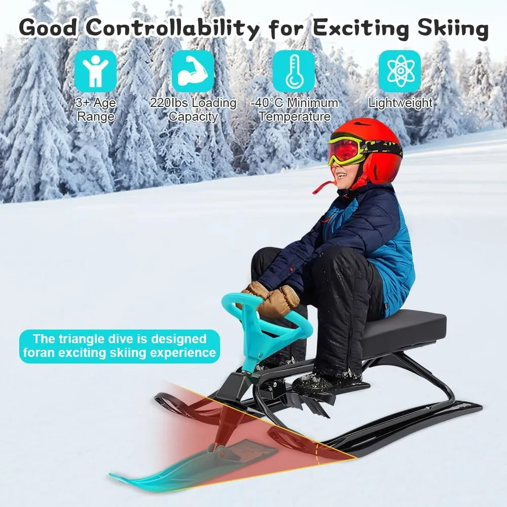Snowmobile Sled Ski Skis with Steering Wheel Dual Brakes Snowmobile Racer for Two Children Or One Teenager
