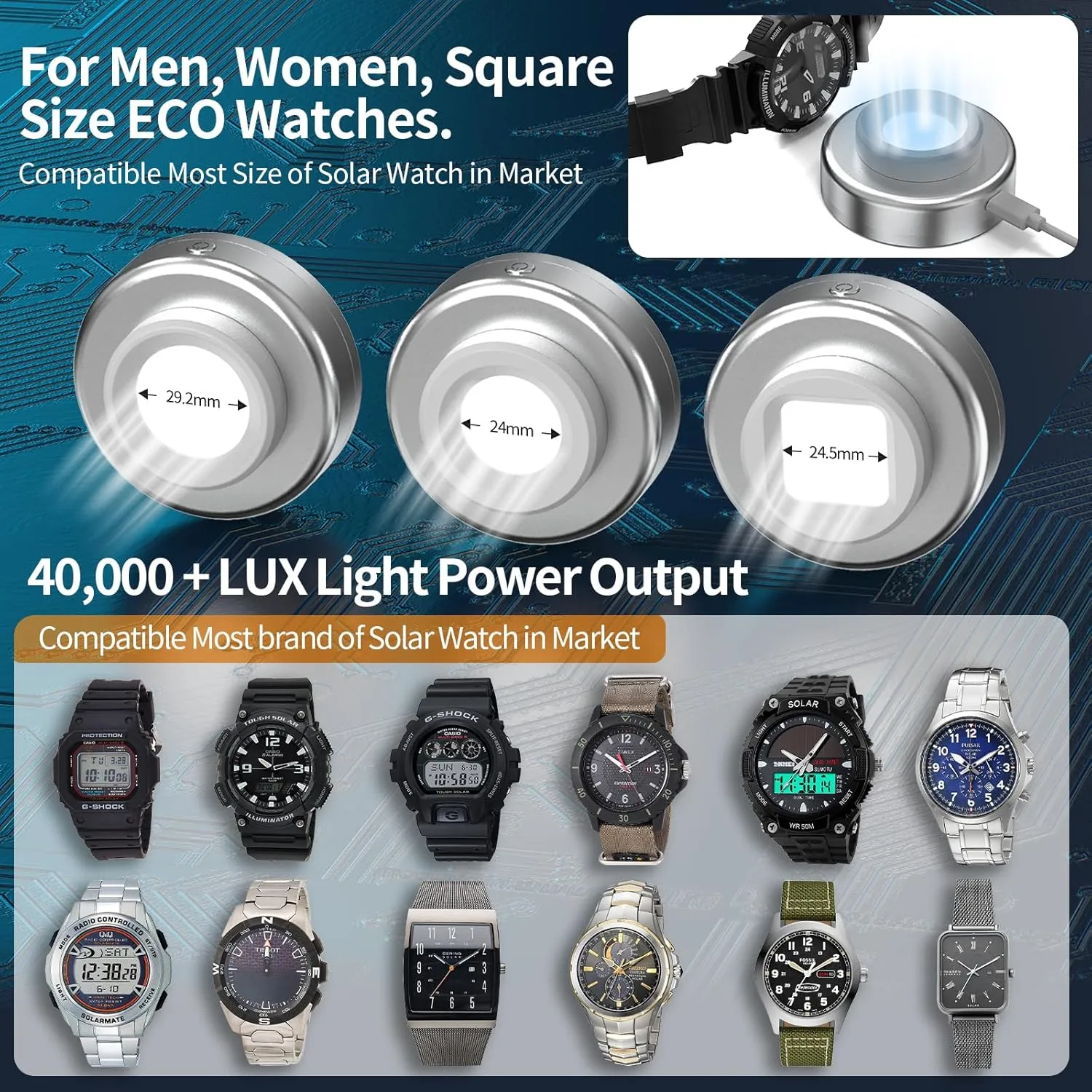 Solar Watch Fast Charger, Led Light Charging Solar Watches with Men, Women & Square 3 Size Caps Compatible Casio G Shock, Tough, Protrek, Seiko, Citizen, Garmin, Timex, Bering, FANMIS