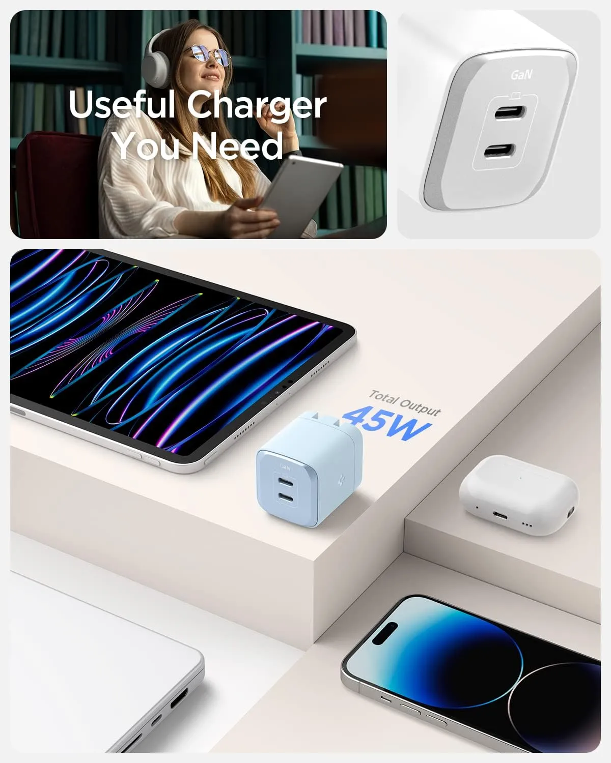 Spigen GaN III 452 45W 2 Ports Compact Foldable Dual USB C Wall Charger PD PPS Fast Charging Block Adapter for iPhone 16 Plus Pro Max 15 14 13 iPad Air Pro Samsung Galaxy S25 S24 Z Flip Fold 6 Pixel