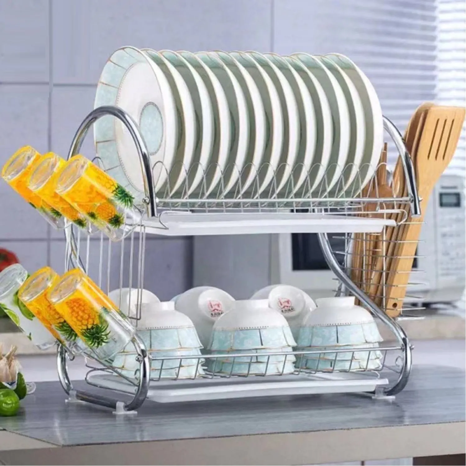 Stainless Steel 2 Layer Kitchen Dish Rack / Plate Cutlery Stand