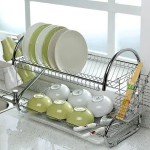 Stainless Steel 2 Layer Kitchen Dish Rack / Plate Cutlery Stand