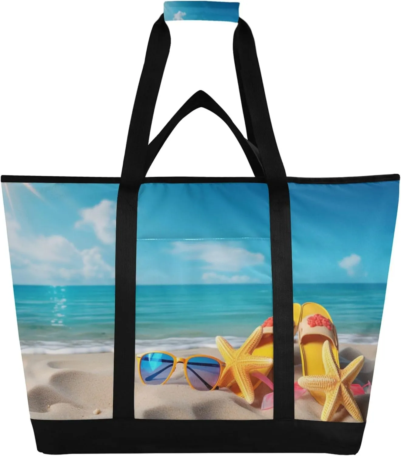 Starfish Shell Beach Reusable Insulated Cooler Bag with Ice Pack Compartment - Large 47L Waterproof Thermal Grocery Tote for Picnic Beach Camping Lunch Storage