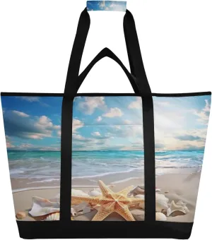 Starfish Shell Beach Reusable Insulated Cooler Bag with Ice Pack Compartment - Large 47L Waterproof Thermal Grocery Tote for Picnic Beach Camping Lunch Storage