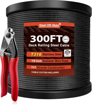 Steel DN Mate 300ft 1/8" Black Cable Railing Wire Rope, T316L Marine Grade Stainless Steel Cable for Stair Deck Cable Railing System, 7 × 7 Strands Construction Wire Railing Hardware with Cutter