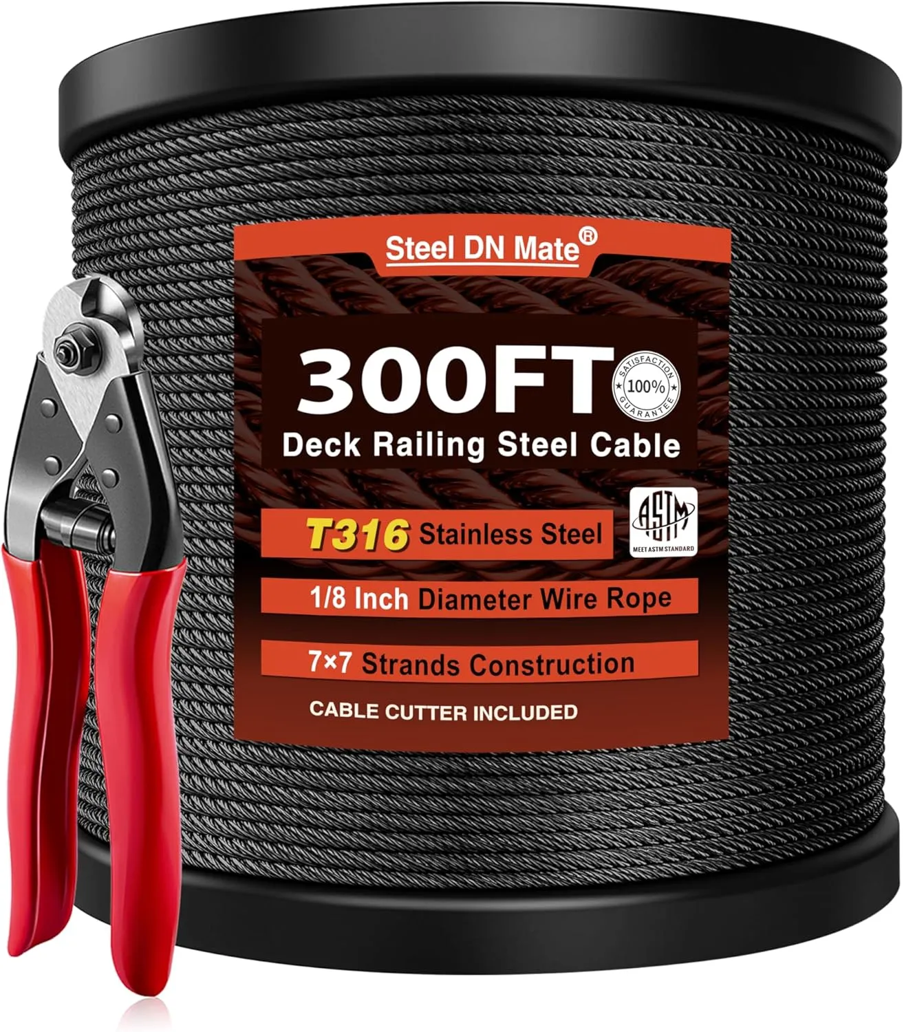 Steel DN Mate 300ft 1/8" Black Cable Railing Wire Rope, T316L Marine Grade Stainless Steel Cable for Stair Deck Cable Railing System, 7 × 7 Strands Construction Wire Railing Hardware with Cutter