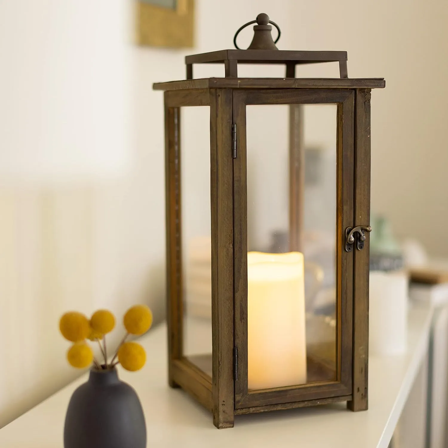 Stonebriar 18 Inch Rustic Wooden Candle Hurricane Lantern, For Table Top, Mantle, Wall Hanging, or Garden Display, Indoor & Outdoor Use, Extra Large
