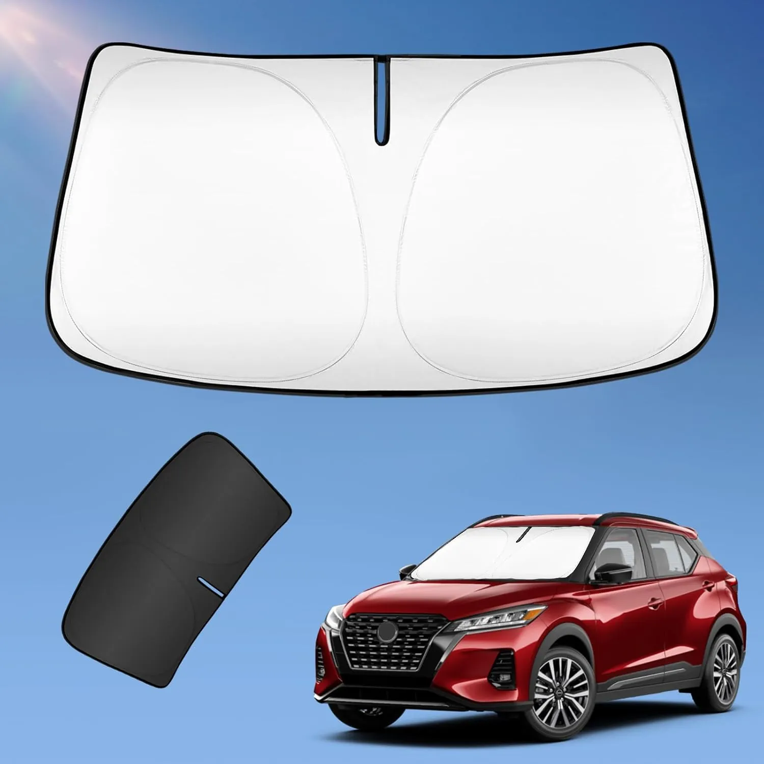 Sun Shade Sunshade for Nissan Kicks SUV 2017-2024 Windshield Cover, 2-Layers Sun Shield 240T Silver Coating Sun Visor Foldable Window Shade Blocks UV Rays Car Accessories
