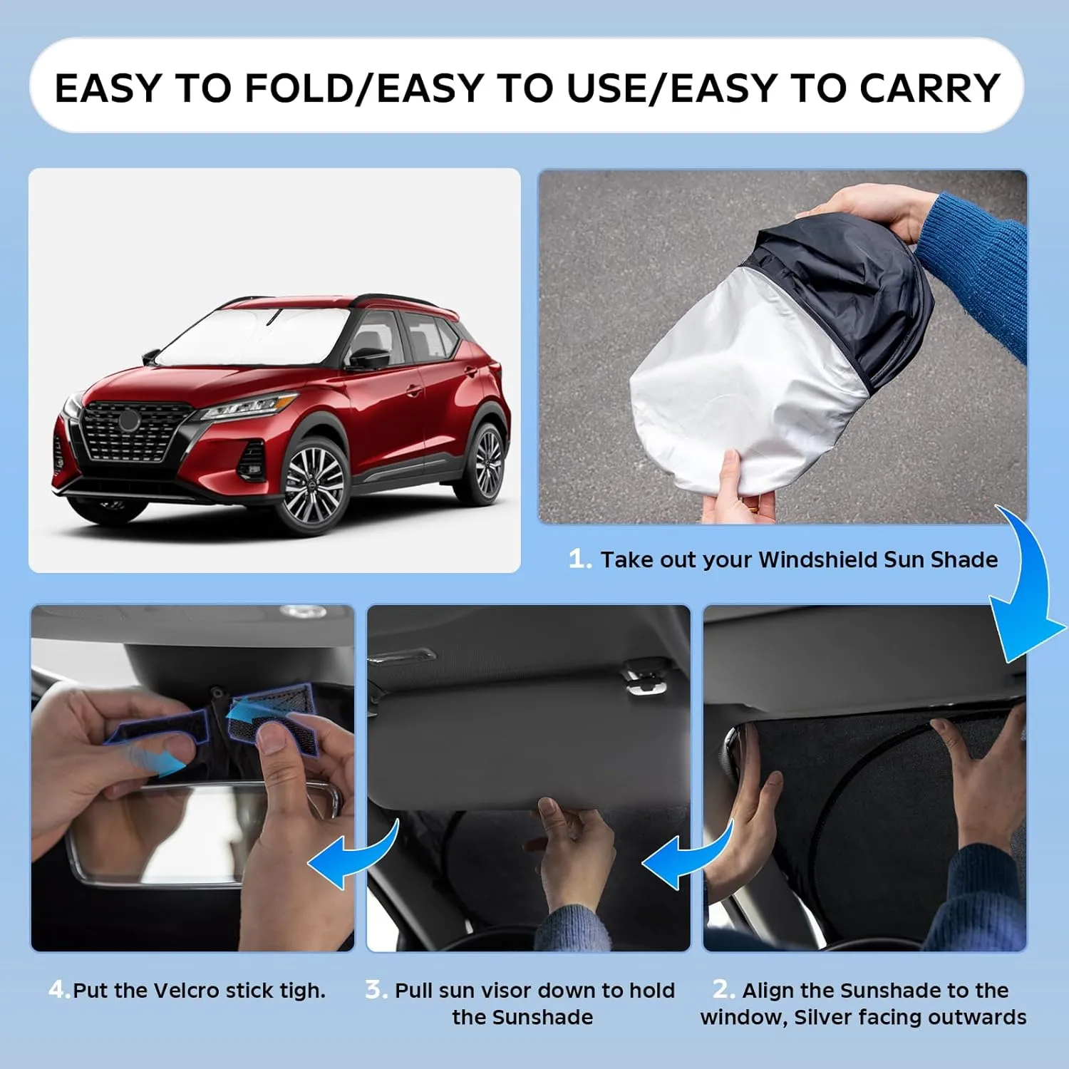 Sun Shade Sunshade for Nissan Kicks SUV 2017-2024 Windshield Cover, 2-Layers Sun Shield 240T Silver Coating Sun Visor Foldable Window Shade Blocks UV Rays Car Accessories
