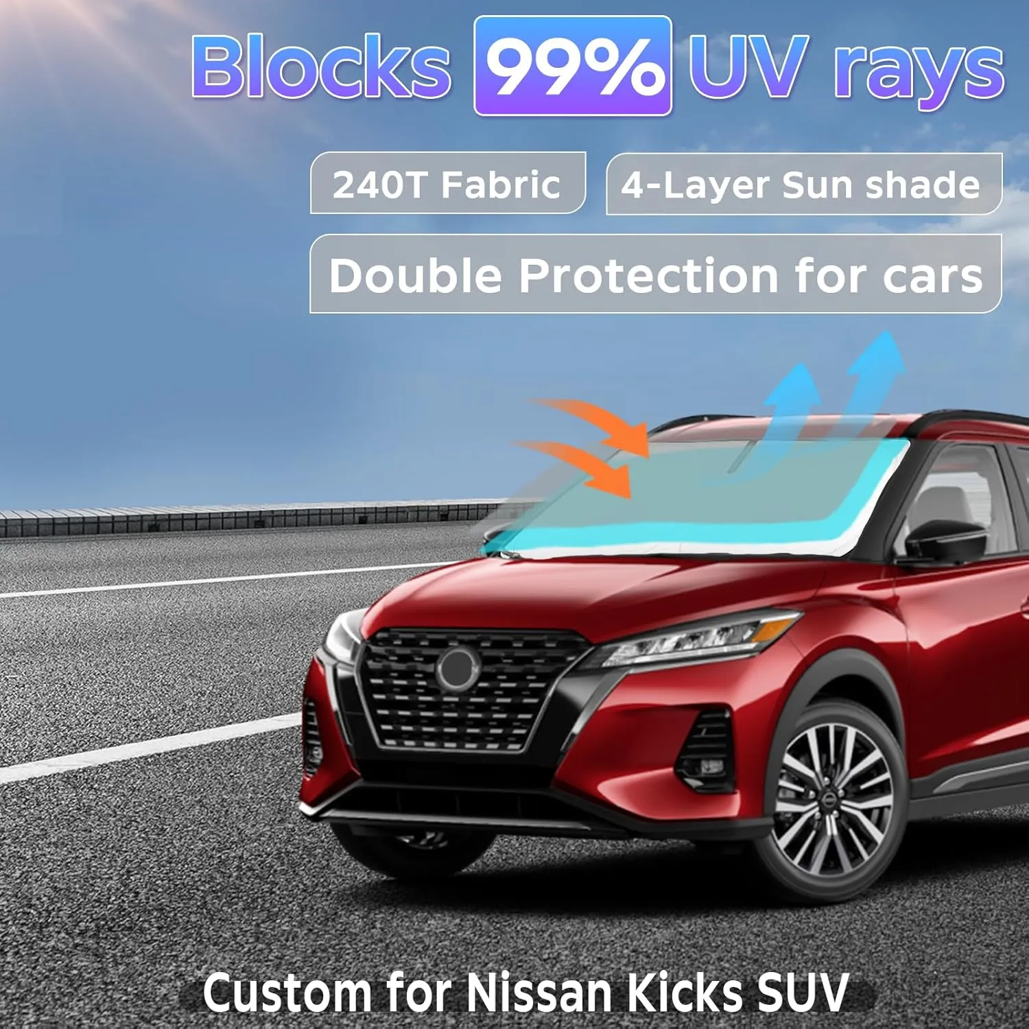 Sun Shade Sunshade for Nissan Kicks SUV 2017-2024 Windshield Cover, 2-Layers Sun Shield 240T Silver Coating Sun Visor Foldable Window Shade Blocks UV Rays Car Accessories