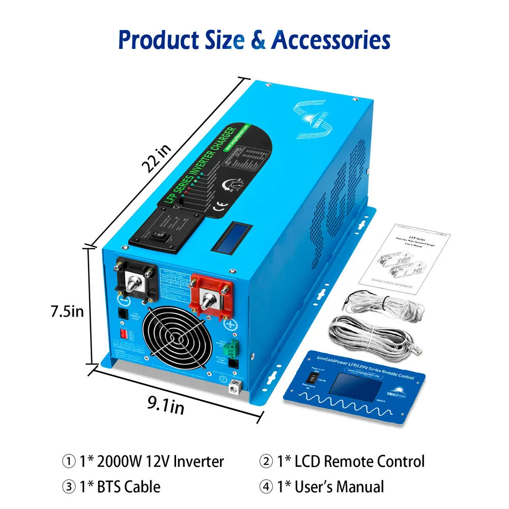 SunGold Power 2000W DC 12V Pure Sine Wave Inverter With Charger