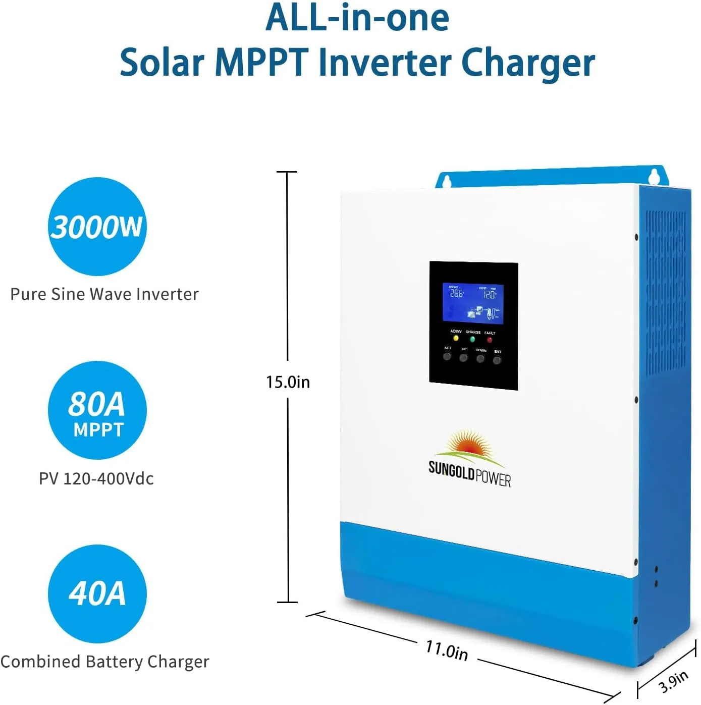 SUNGOLDPOWER 3000W 24V Solar Inverter All in One, 120Vac Input,120V Output Pure Sine Wave, 80A MPPT Solar Charger and 40A AC Battery Charger for Lithium SLD FLD Batteries in Off Grid System