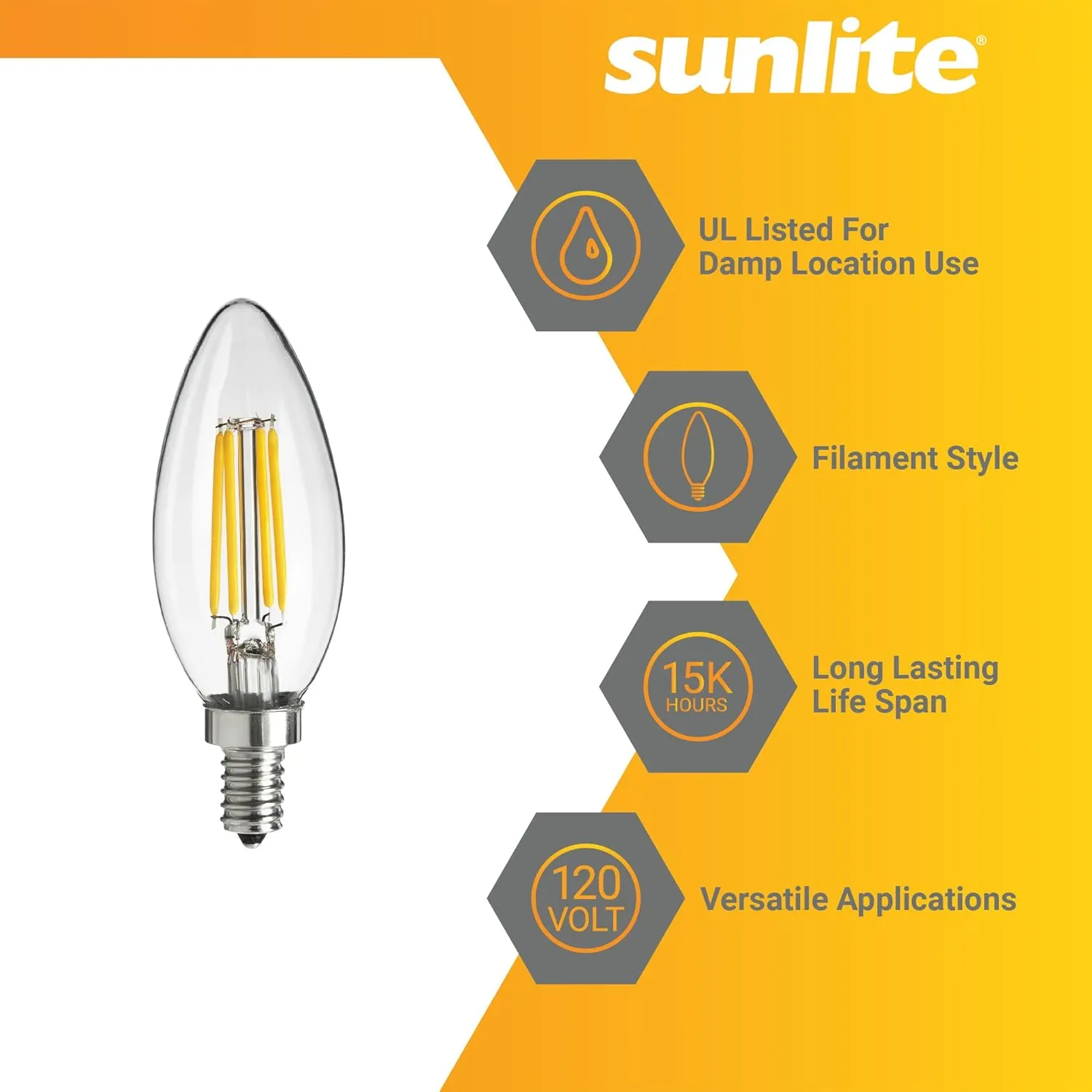 Sunlite 41649 LED Filament B11 Torpedo Tip Chandelier Light Bulb, UL Listed, 4 Watts (40W Equivalent), 400 Lumens, Candelabra Base (E12), Edison Style, Dimmable, 1800K Candle Light, 6 Count