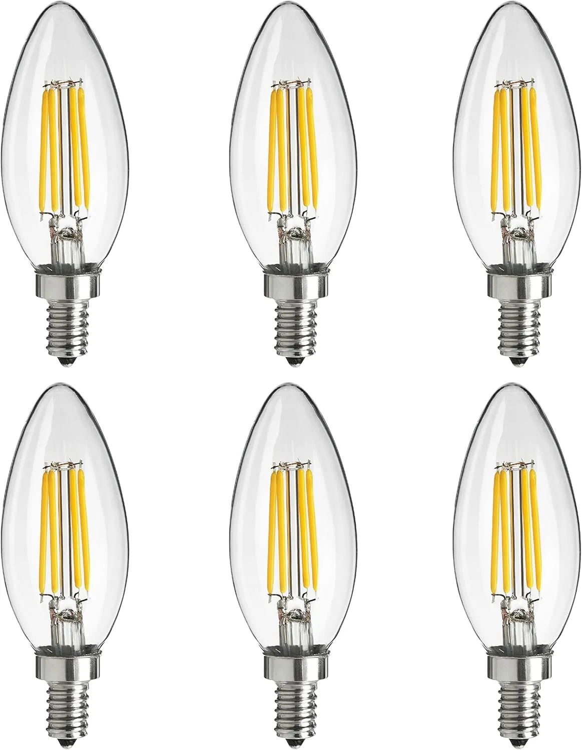 Sunlite 41649 LED Filament B11 Torpedo Tip Chandelier Light Bulb, UL Listed, 4 Watts (40W Equivalent), 400 Lumens, Candelabra Base (E12), Edison Style, Dimmable, 1800K Candle Light, 6 Count