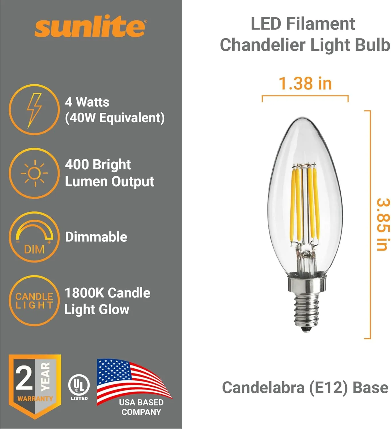 Sunlite 41649 LED Filament B11 Torpedo Tip Chandelier Light Bulb, UL Listed, 4 Watts (40W Equivalent), 400 Lumens, Candelabra Base (E12), Edison Style, Dimmable, 1800K Candle Light, 6 Count