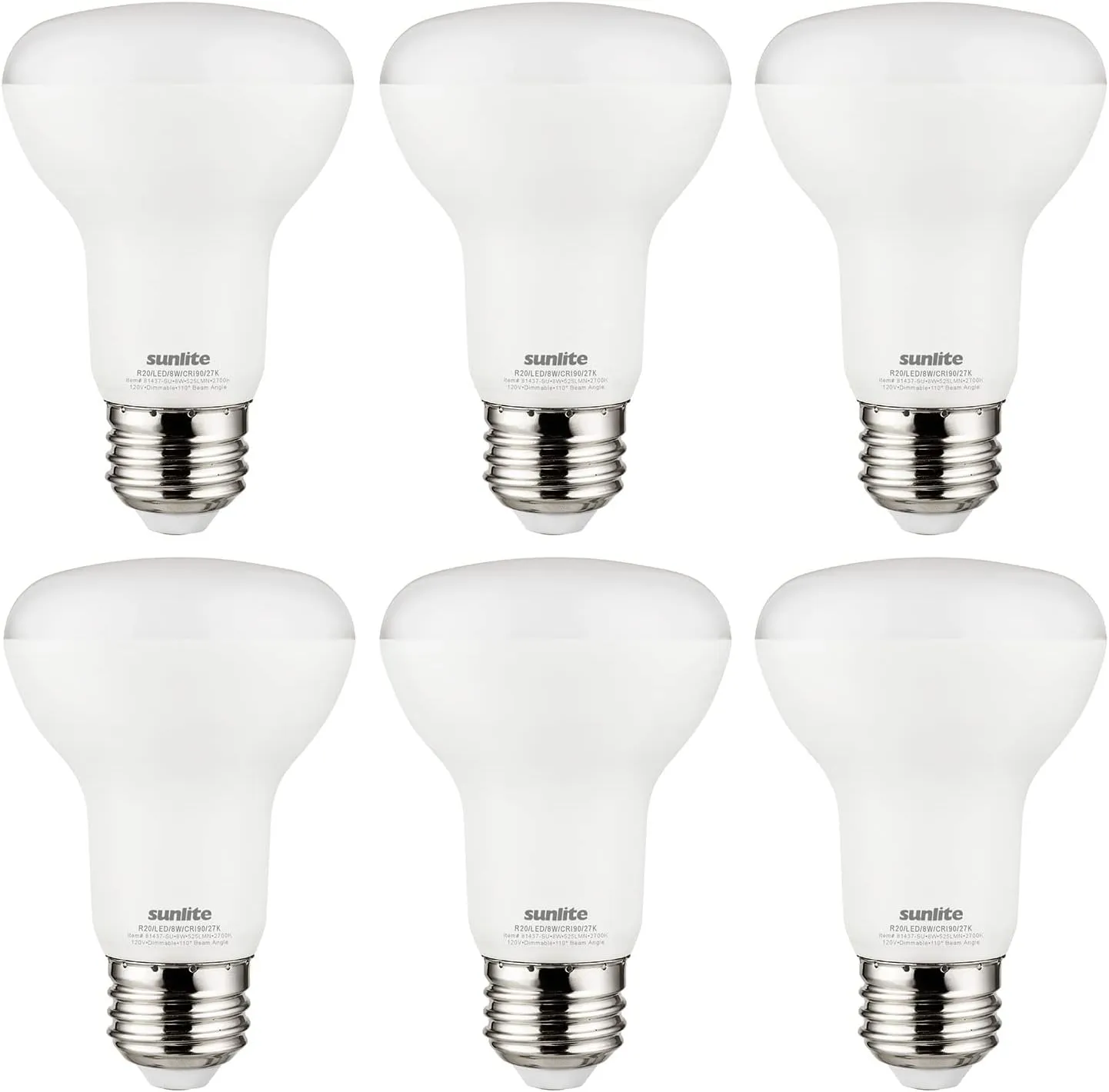 Sunlite LED 90 CRI R20 Recessed Light Bulb, 8 Watts (50W=), 525 Lumens, Dimmable, Medium Base (E26), Wide 110° Beam Angle, Title-20 Compliant, UL Listed, 2700K Soft White, 6 Count