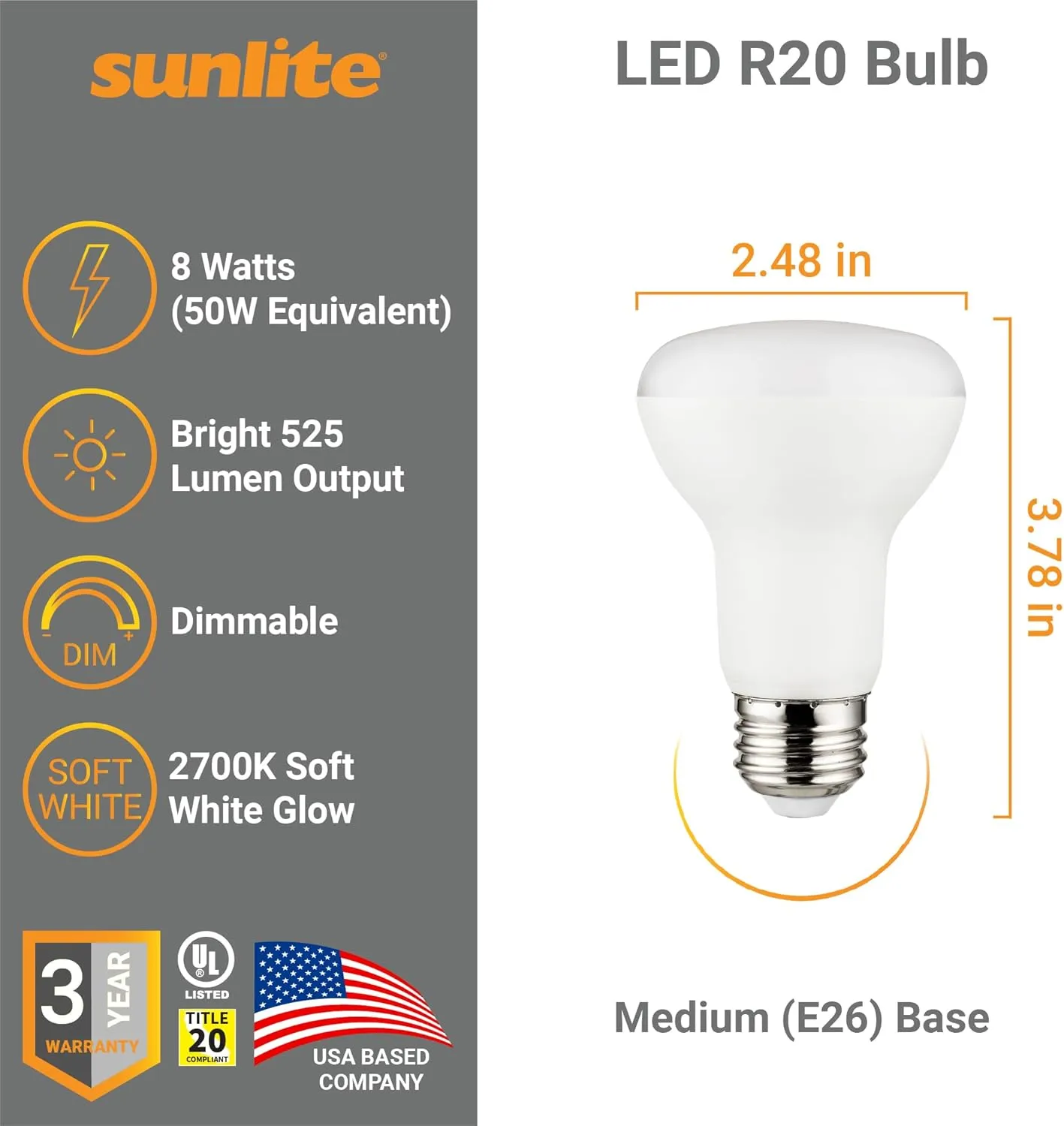 Sunlite LED 90 CRI R20 Recessed Light Bulb, 8 Watts (50W=), 525 Lumens, Dimmable, Medium Base (E26), Wide 110° Beam Angle, Title-20 Compliant, UL Listed, 2700K Soft White, 6 Count