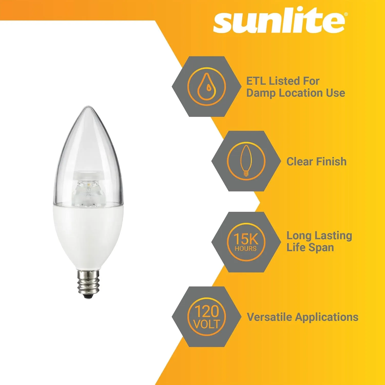 Sunlite LED B11 Clear Torpedo Tip Chandelier Light Bulb, 4.5 Watts (40W Equivalent) 300 Lumens, Candelabra E12 Base, Dimmable, ETL Certified, 5000K Daylight, 6 Count