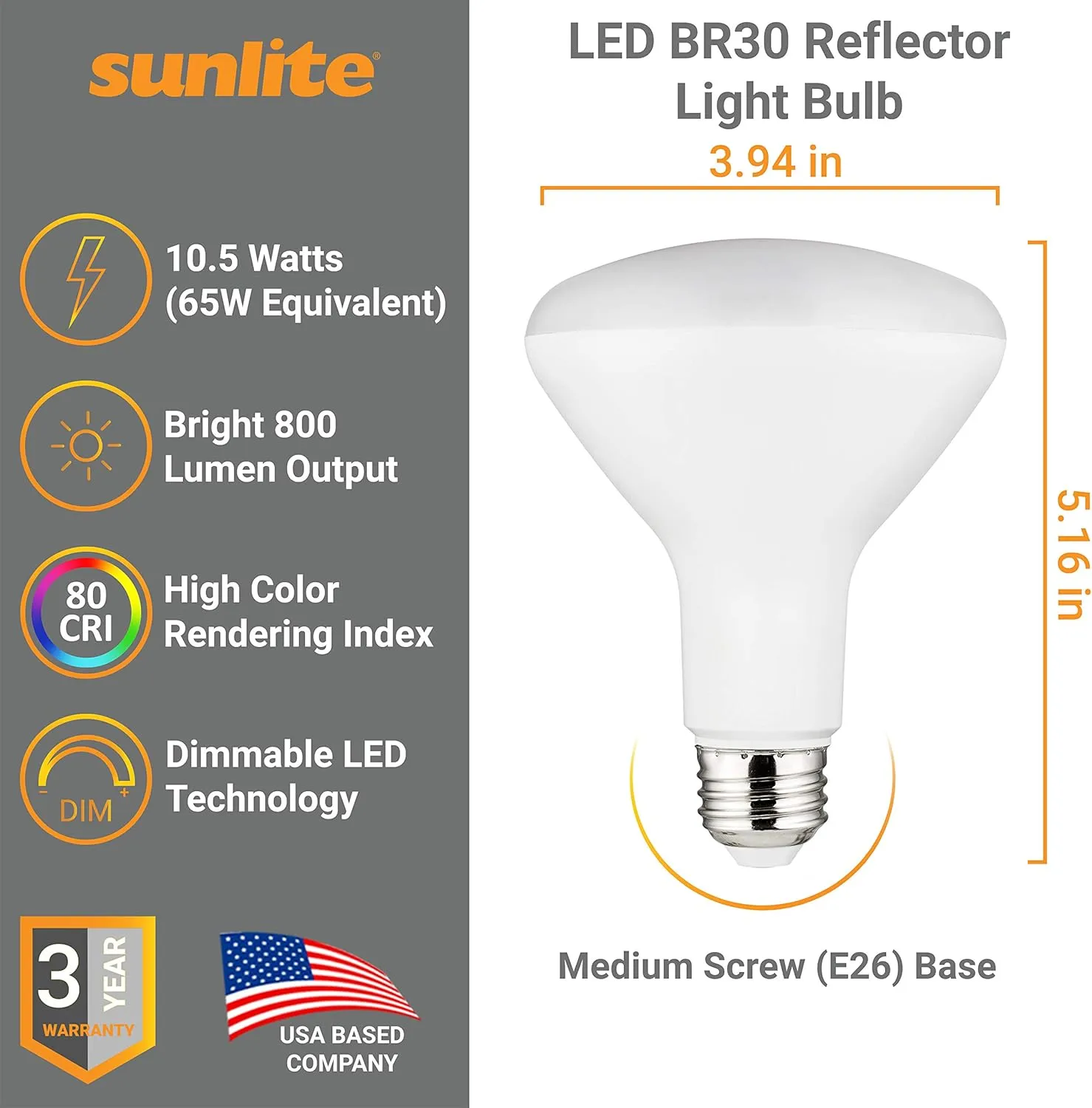 Sunlite LED BR30 Recessed Light Bulb, 10.5 Watt (65w Equivalent), 800 Lumens, Medium E26 Base, Dimmable Flood, UL Listed, 2700K Soft White, 6 Count