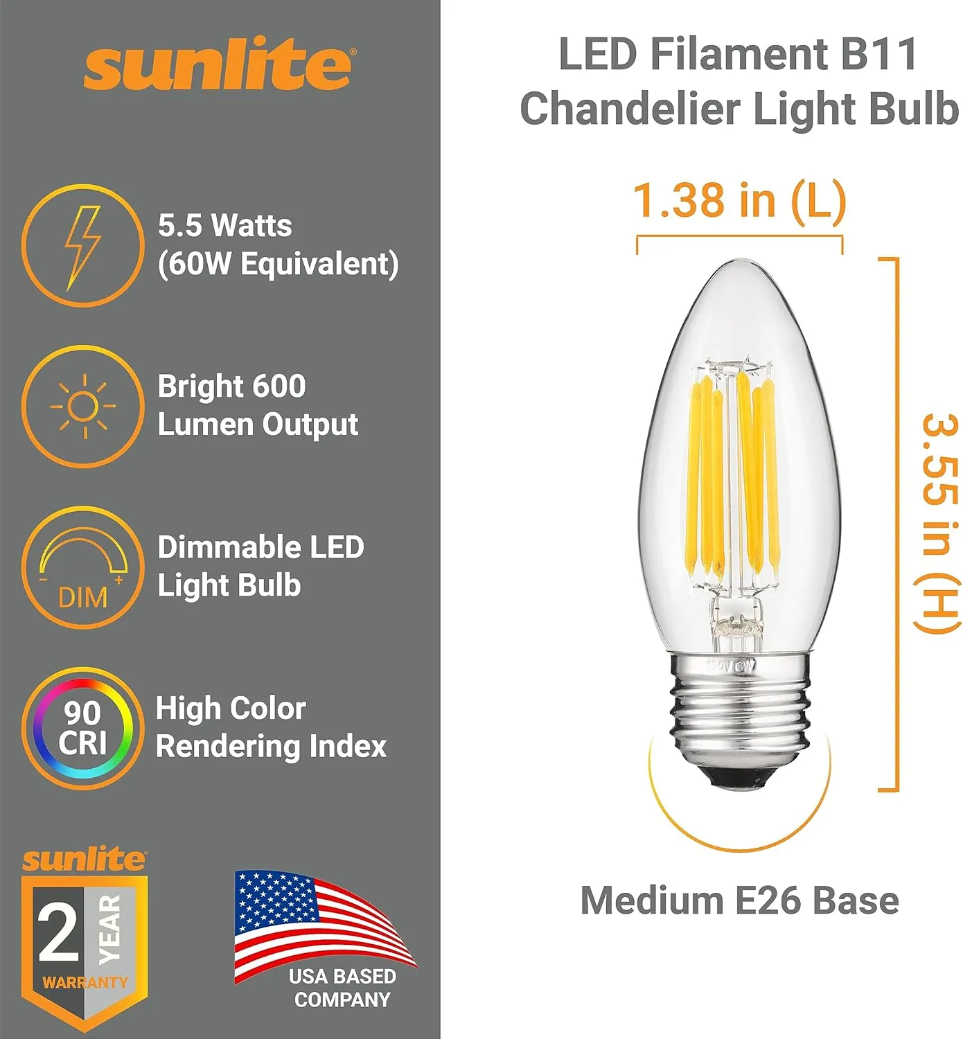 Sunlite LED Filament B11 Torpedo Chandelier Light Bulb, 5.5 Watts (60W Equivalent), 600 Lumens, Medium E26 Base, Dimmable, Edison Style, 90 CRI, UL Listed, 2700K Soft White, 6 Pack