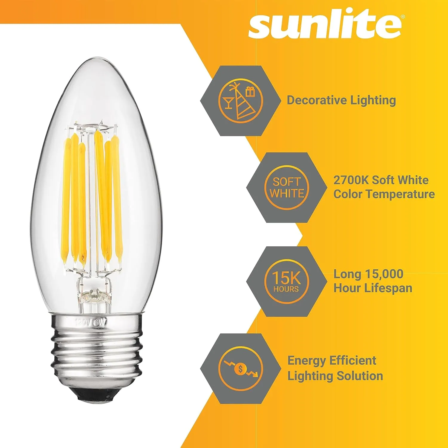 Sunlite LED Filament B11 Torpedo Chandelier Light Bulb, 5.5 Watts (60W Equivalent), 600 Lumens, Medium E26 Base, Dimmable, Edison Style, 90 CRI, UL Listed, 2700K Soft White, 6 Pack