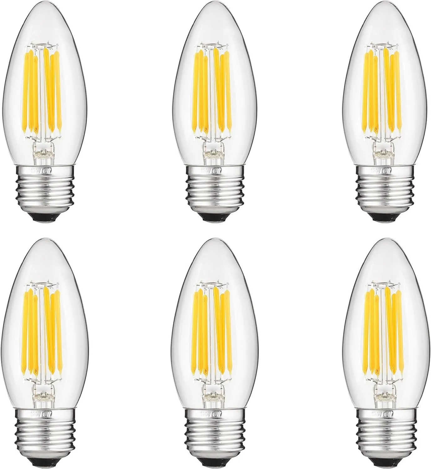 Sunlite LED Filament B11 Torpedo Chandelier Light Bulb, 5.5 Watts (60W Equivalent), 600 Lumens, Medium E26 Base, Dimmable, Edison Style, 90 CRI, UL Listed, 2700K Soft White, 6 Pack